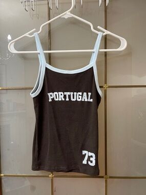 Harlow Black Tank Top with Light Blue Trim and Portugal Graphic